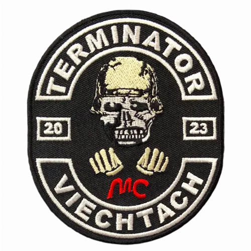 Embroidered biker back patch close-up on denim