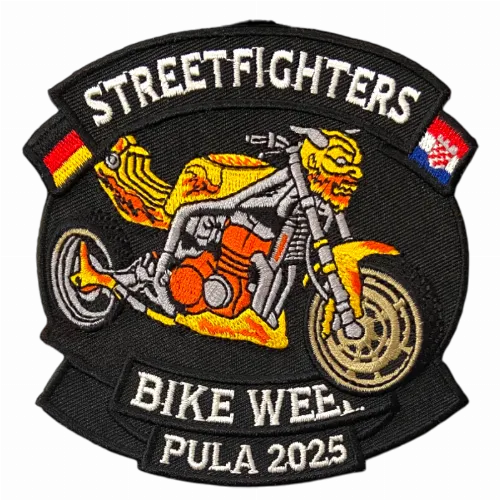 Embroidered center back biker patch on leather vest